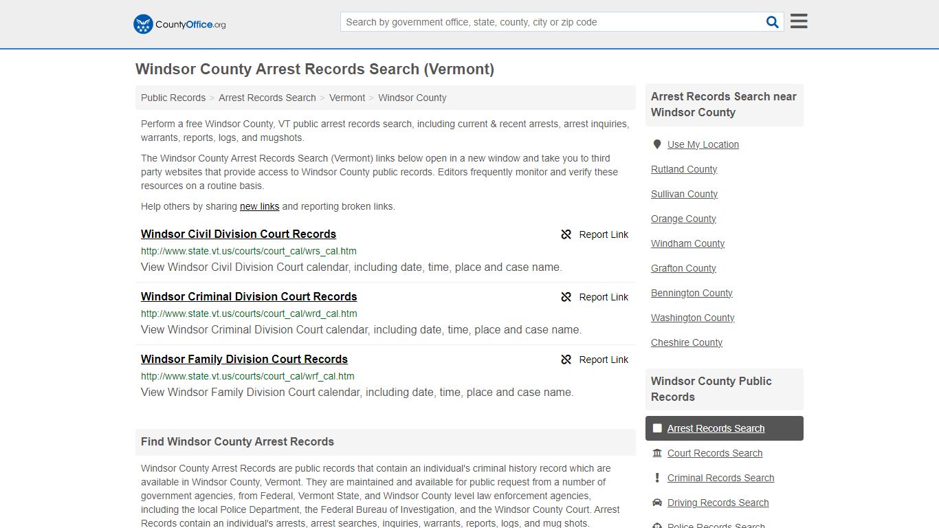 Windsor County Arrest Records Search (Vermont) - County Office